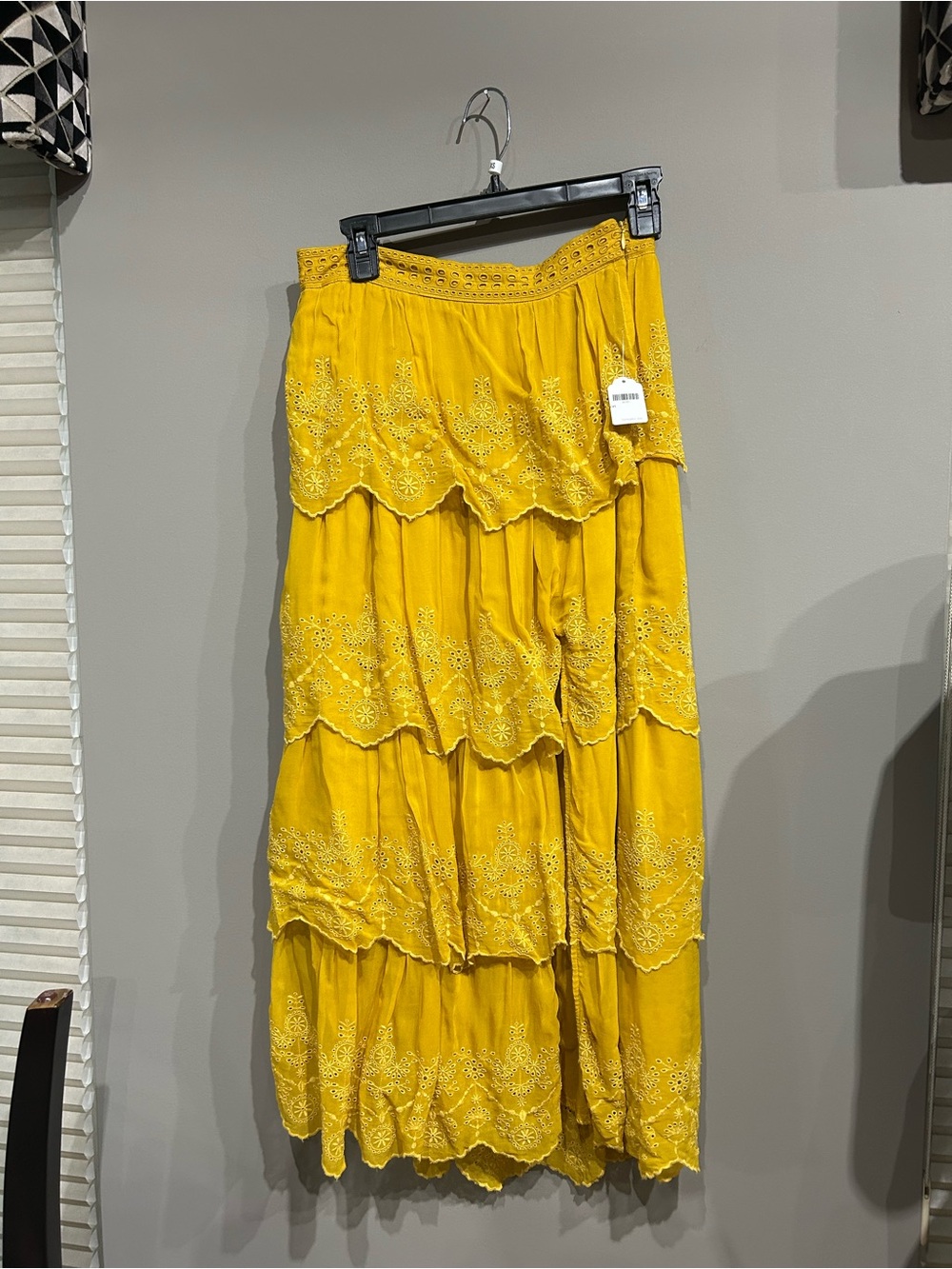 Anthropologie Mustard Yellow Tiered Eyelet Maxi Skirt